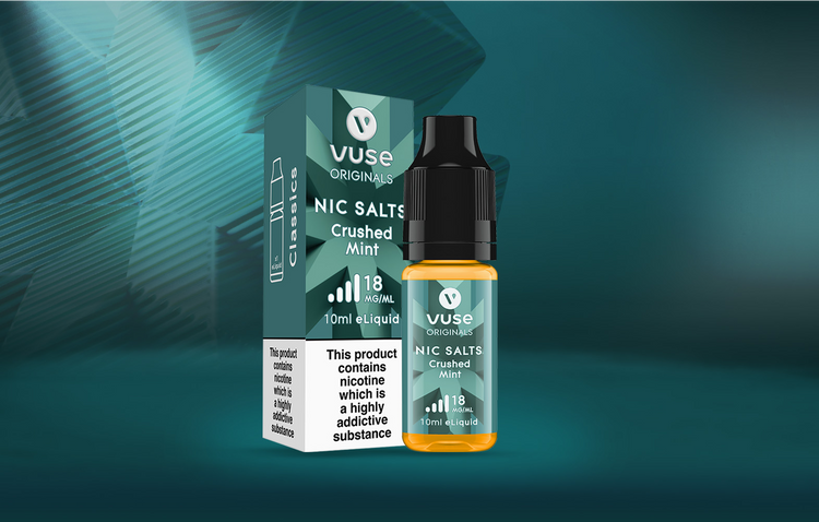 Vuse Originals Nic Salts Crushed Mint 10ml e-liquid botella y envase, etiquetado 18 mg/ml. La caja advierte: Este producto contiene nicotina que es una sustancia altamente adictiva.