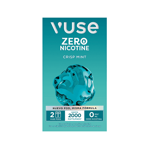 Un paquete de Vuse Pods - Menta verde azulado de Vuse con un gráfico de menta azul muestra 0 mg/mL de nicotina, hasta 2000 caladas por paquete, y contiene 2 vainas. La información está disponible en inglés y español.