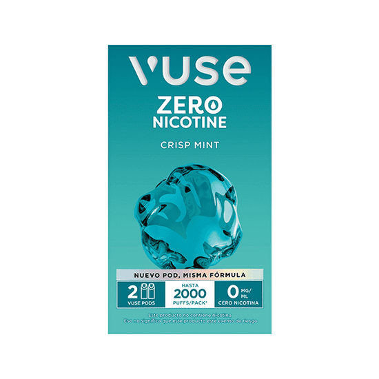 Un paquete de Vuse Pods - Menta verde azulado de Vuse con un gráfico de menta azul muestra 0 mg/mL de nicotina, hasta 2000 caladas por paquete, y contiene 2 vainas. La información está disponible en inglés y español.