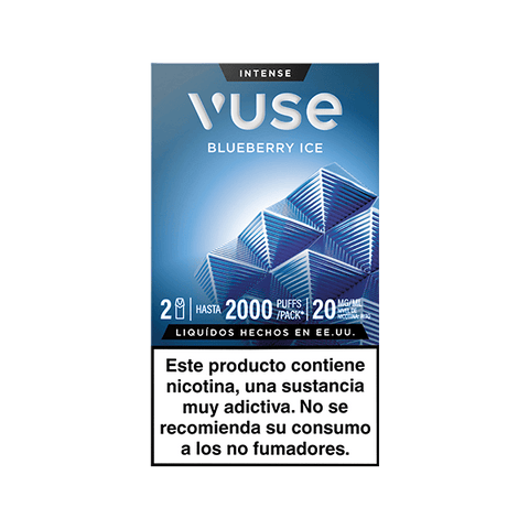 Caja de Vuse Pods - Arándano Ice de Vuse con diseños geométricos azules. Ofrece hasta 2000 caladas, 20 mg/ml nicotina, hecho en USA. Advertencia: la nicotina es adictiva y no apta para no fumadores.