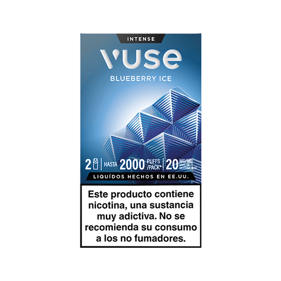 Caja de Vuse Pods - Arándano Ice de Vuse con diseños geométricos azules. Ofrece hasta 2000 caladas, 20 mg/ml nicotina, hecho en USA. Advertencia: la nicotina es adictiva y no apta para no fumadores.