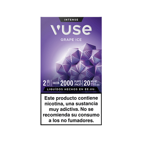 Caja morada de Vuse Pods - Uva Ice de Vuse con formas geométricas. El texto indica hasta 2000 caladas, 20 mg/ml de nicotina. Advertencia en español indica que contiene nicotina y no es para no fumadores.