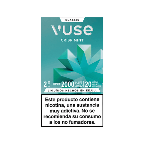Caja de Vuse Pods - Menta, color verde con diseño geométrico, texto que indica 20 mg/ml de nicotina. Abajo, advertencia en español sobre el contenido adictivo de la nicotina.