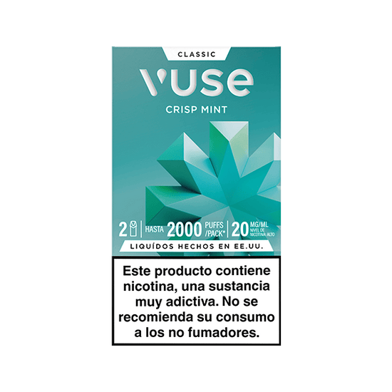 Caja de Vuse Pods - Menta, color verde con diseño geométrico, texto que indica 20 mg/ml de nicotina. Abajo, advertencia en español sobre el contenido adictivo de la nicotina.