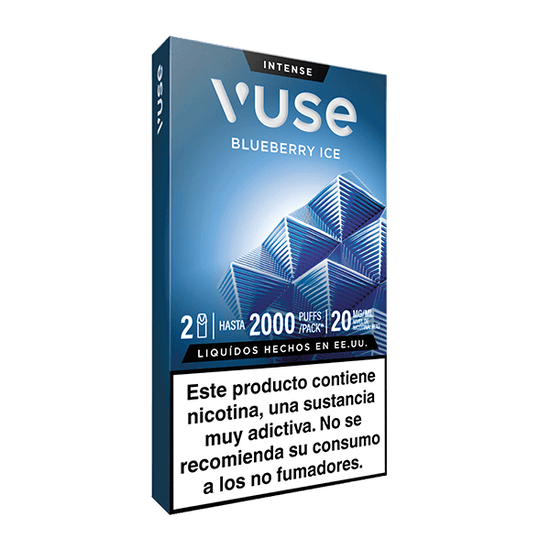 Vuse Pods - Arándano Ice de Vuse, con imágenes geométricas de hielo de arándano. La etiqueta en español advierte de que el producto contiene nicotina, es altamente adictivo y no está recomendado para no fumadores.