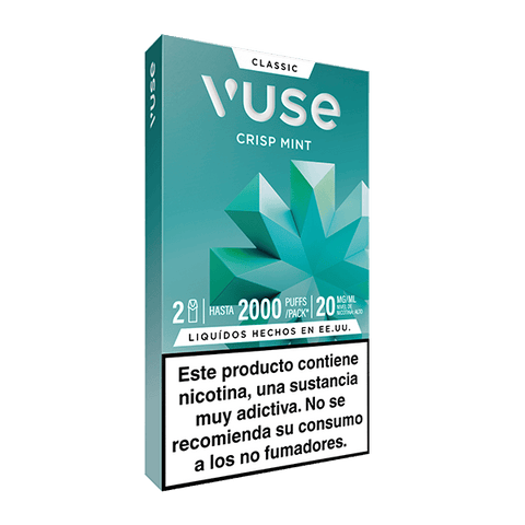 Caja de Vuse Pods - Menta de Vuse, con un diseño verde azulado con gráficos geométricos de menta. La advertencia en español indica que la nicotina es adictiva y no apta para no fumadores.