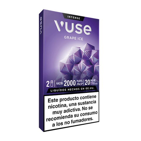 Caja de Vuse Pods - Uva Ice, marca Vuse, en tonos morados con advertencia en español: "Este producto contiene nicotina, una sustancia muy adictiva. No se recomienda su consumo a los no fumadores".