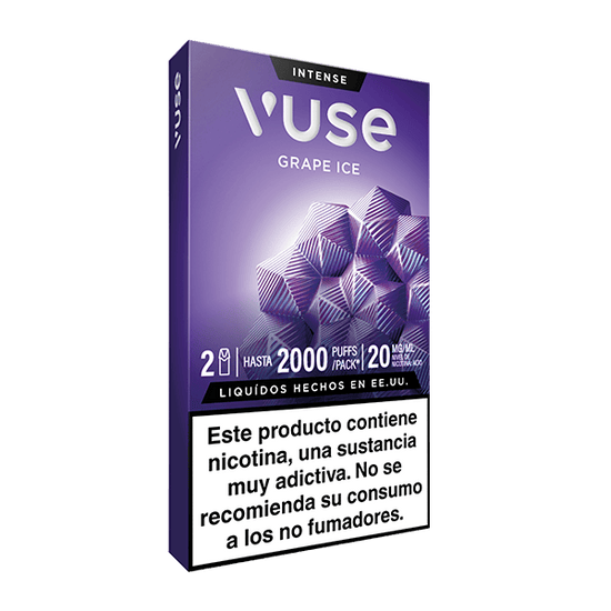 Caja de Vuse Pods - Uva Ice, marca Vuse, en tonos morados con advertencia en español: "Este producto contiene nicotina, una sustancia muy adictiva. No se recomienda su consumo a los no fumadores".