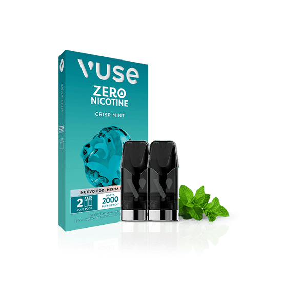 Una caja Vuse Pods - Menta de Vuse se muestra con dos vape pods negros delante y hojas de menta fresca colocadas a su lado, resaltando el sabor a menta.