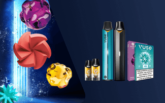 Sobre un fondo oscuro se muestran coloridos dispositivos para vapear, cartuchos y un paquete de cápsulas Vuse, con brillantes formas geométricas similares a caramelos en morado, rojo y amarillo a su lado.
