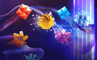 En el centro de un fondo vibrante y abstracto, con formas geométricas de colores y estallidos de luz sobre un fondo azul oscuro y morado, flota un pastelito amarillo arremolinado.