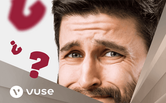Un hombre con expresión confusa está rodeado de grandes signos de interrogación rojos. El logotipo de Vuse aparece en la esquina inferior izquierda de la imagen.