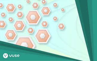 Imagen abstracta con hexágonos de color melocotón y contornos blancos sobre un fondo verde azulado claro, con formas angulares verdes en las esquinas y el logotipo de Vuse en la parte inferior izquierda.